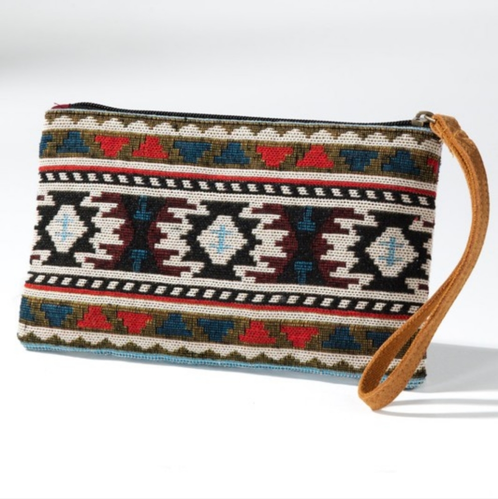 Handmade Hand Beaded Wristlet Clutch - Ethnic Inspired Design - Dyed Fine Cotton - Picture 3 of 7